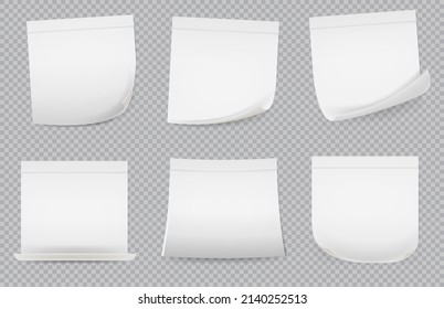 Collection of various white note papers, ready for your message. Office reminder sticker pages with curled corners. Wall notepad for scribbles vector set