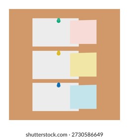 Collection of various white note papers with curled corner, pinned red pushbutton, ready for your message. Vector illustration. Isolated on white background. Front view. Top view. Close up.