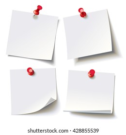 Collection of various white note papers with curled corner, pinned red pushbutton, ready for your message. Vector illustration. Isolated on white background. Front view. Top view. Close up.