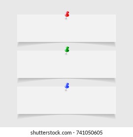 Collection of various white note papers, pinned pushbutton. Isolated Vector illustration. Top view. clerical buttons, hammer, colored pins pixel art inspiration, Push pins in three colors