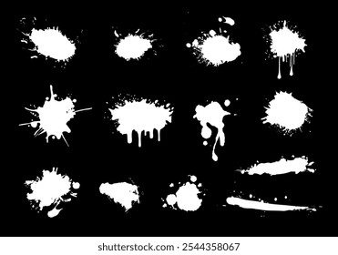 A collection of various white paint splatters on a black background. Vector illustration