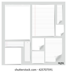 Collection of various white papers (paper sheets, lined paper, note paper), ready for your message. Vector illustration.