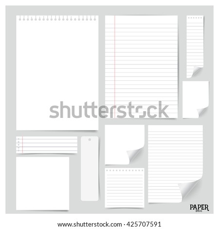 Collection of various white papers (paper sheets, lined paper, note paper), ready for your message. Vector illustration.