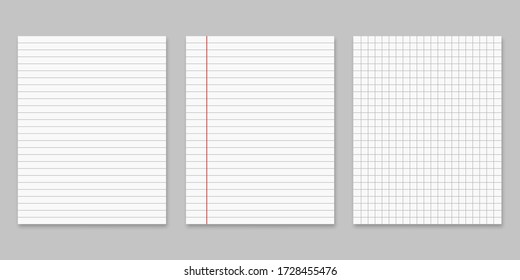 Collection of various white papers for your text. Blank pages of a notebook with margins isolated on gray background. Realistic square vector illustration.