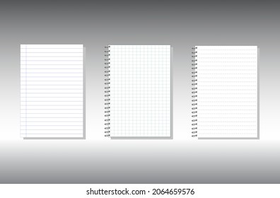 Collection of various white papers for your text. Blank page of a notebook with holes and iron on the sides. Realistic square vector illustration.