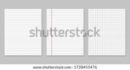 Collection of various white papers for your text. Blank pages of a notebook with margins isolated on gray background. Realistic square vector illustration.