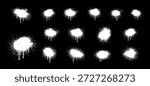 A collection of various white spray paint splatters and drips on a solid black background, ideal for street art and urban designs.