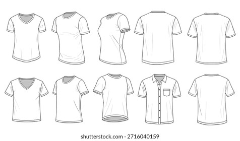 Coleção de vários modelos de camiseta branca e camisa botão para baixo mostrados da frente e vista de trás para o design de roupas e maquetes.