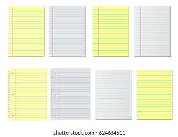 Collection Of Various White And Yellow Notebook Paper. Vector Illustration