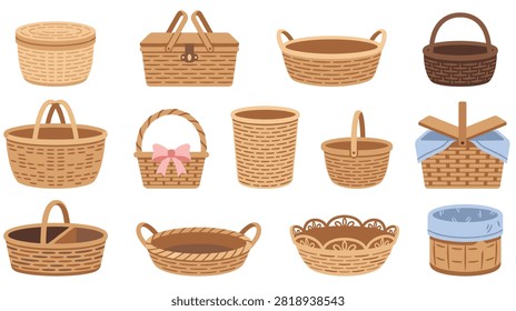 Collection of various wicker baskets, including picnic baskets, hampers, and storage containers. Ideal for household, gifting, or decor.