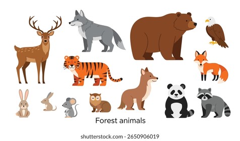 Coleção de várias criaturas da floresta selvagem em estilo pixel art