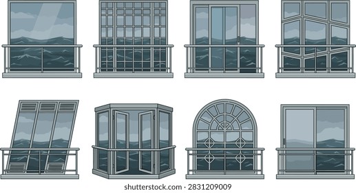A collection of various window and balcony designs overlooking a turbulent dark sea under a cloudy sky.