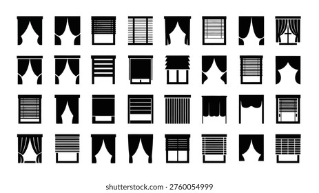Collection of various window curtain and blind designs in black and white for decoration and interior design