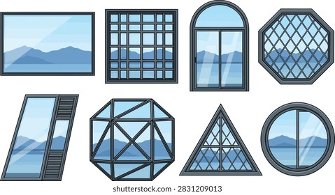 A collection of various window styles with different geometric shapes and frames, showcasing scenic mountain and water views through the glass.