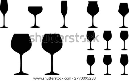 Collection of various wine and champagne glass silhouettes including flutes and goblets for restaurant menu and celebration event designs
