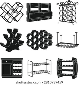 A collection of various wine rack designs and storage solutions depicted in a simple black and white icon style.