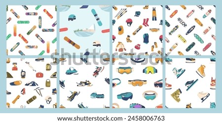 Collection Of Various Winter Sports And Outdoor Activity Equipment Patterns, Featuring Items Like Skateboards, Skis