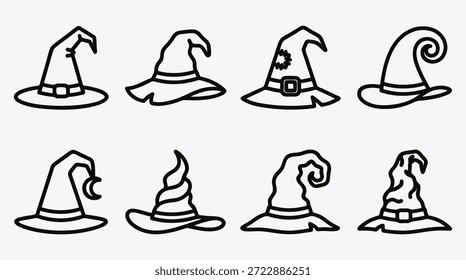 Sammlung verschiedener Hexenhüte in verschiedenen Stilen und Designs für Halloween- oder Zauberthemen einzeln auf hellgrauem Hintergrund