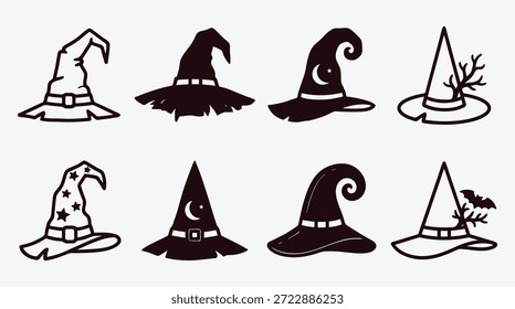 Coleção de vários chapéus de bruxa com diferentes projetos e padrões para Halloween ou projetos temáticos mágicos e ilustrações