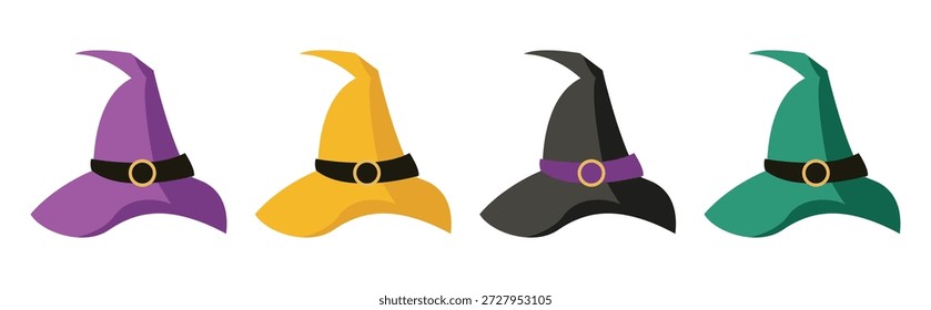 Uma coleção de vários chapéus de bruxa com diferentes cores e estilos. fornecido como um conjunto vetorial com várias cores, e detalhes mágicos para fantasia ou Halloween.