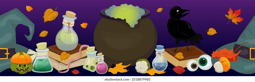 Collection of various witchcraft accessories. Test tubes, eyes, hat, spiders, pumpkins. Colorful vector illustration halloween stripe