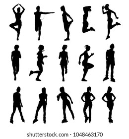 Collection of various woman silhouettes running, rollerskating, stretching and exercising. Easy editable layered vector illustration.