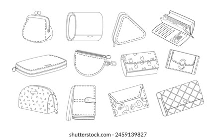 Collection Of Various Women Wallets Outline Monochrome Vector Icons, Showcasing Diverse Purse Signs