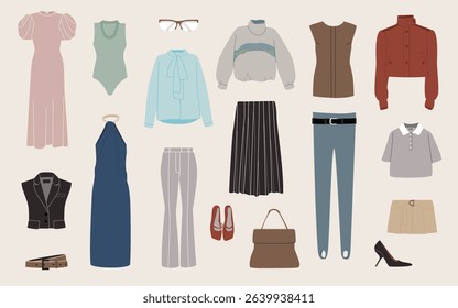 Collection of various women's clothing items, including dresses, tops, trousers, skirts, jackets, and accessories like a handbag and shoes.  Different styles and colors are presented.