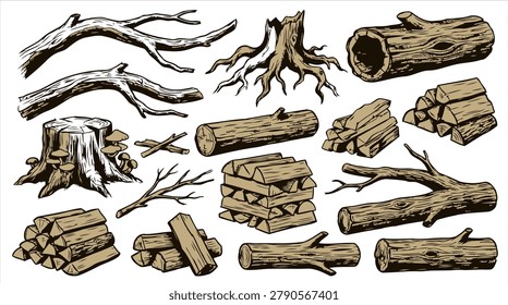 Collection of various wood elements including tree branches, stumps with mushrooms, logs, and stacked firewood piles, hand-drawn vector illustration.