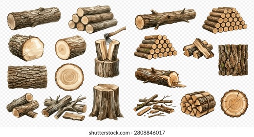 A collection of various wood elements including logs, stumps, firewood stacks, and bark textures, all rendered in a realistic watercolor style.