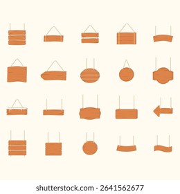 Collection of various wooden signs in different shapes and sizes, designed to be hung using string or rope.  Each sign has a light brownish-orange color and simple outlines.