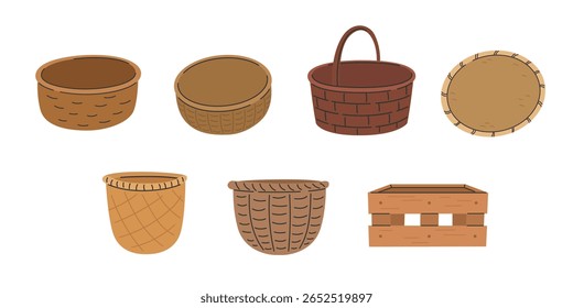Collection of various woven baskets and crate. Flat cartoon style vector illustration isolated on white background