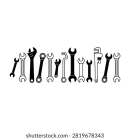 Collection of various wrench silhouettes including open ended, box end, adjustable pipe wrenches and combination tools arranged in rows on white background.