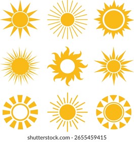 Collection of various yellow sun designs for weather and summer concepts
