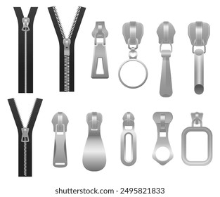 Collection Of Various Zipper Pullers And Full Zipper Elements. Realistic 3d Vector Image Highlights Different Designs