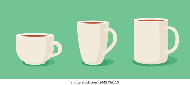 Colección de varios cafés blancos, tazas de té aisladas en el fondo. Ilustración de vector