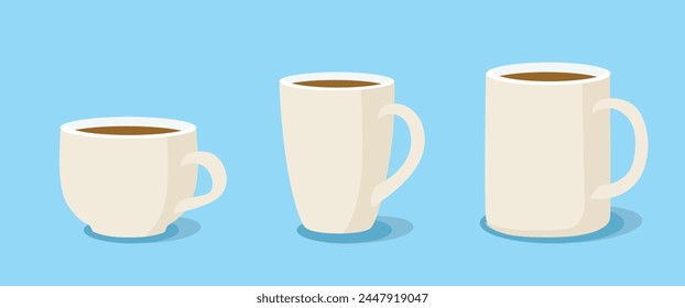 Collection of variuous white coffee, tea mugs isolated on background. Vector illustration