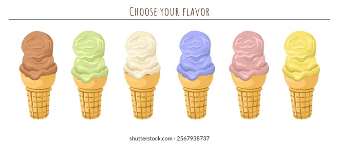 Collection of varying Ice Cream flavors. Gelato in a cake cone. Vector illustration.