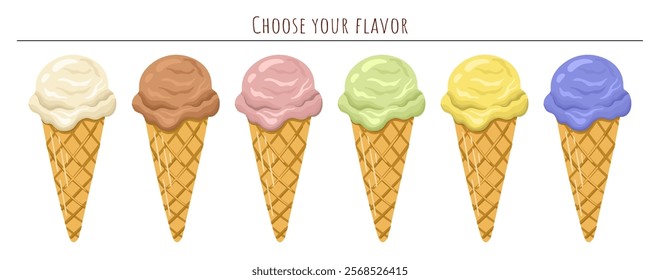 Collection of varying Ice Cream flavors. Gelato in a cake cone. Vector illustration.