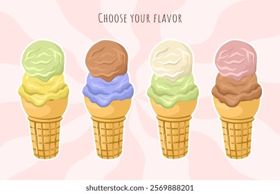 Collection of varying Ice Cream flavors. Gelato in a cake cone. Vector illustration.