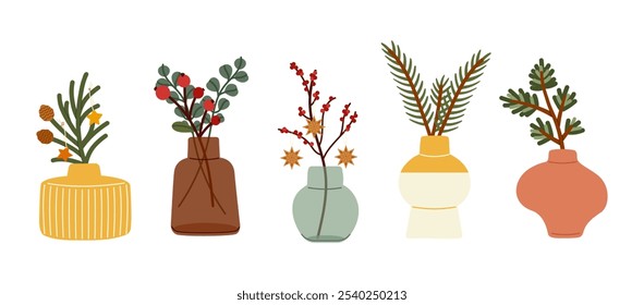 Collection of vases with eco friendly Christmas decorations. Pine branches, berries, and natural foliage. Perfect for sustainable holiday decor themes. Vector