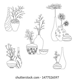 Collection of vases with flowers and branches for your interior design. Line art style. Pottery  vases, clay bowls and pots isolated on white.  