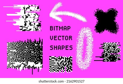 Collection Of Vector 1-bit Pixel Art Elements For Design. Bitmap Retro  Style Textures With Glitches And Noise.