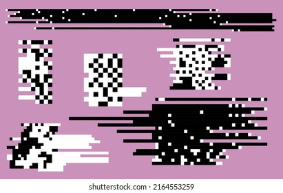 Collection Of Vector 1-bit Pixel Art Elements For Design. Bitmap Retro  Style Textures With Glitches And Noise.