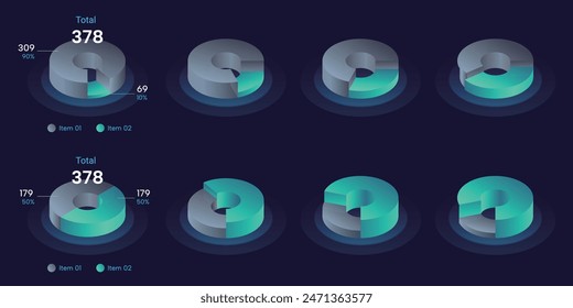 Collection of vector 3d circle pie chart infographic templates, 3d pie chart with 2 sections and different ratios