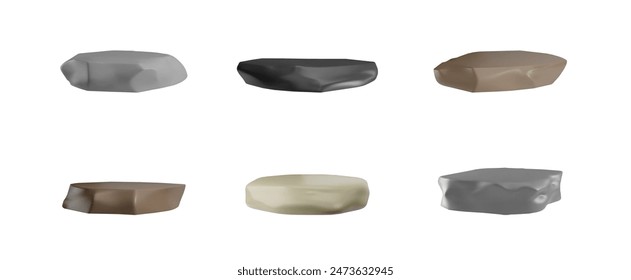 Collection of vector 3d icon made of rocks- stones, side view. An illustration with brown, black and gray boulders on a white background, for geological design