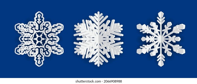 Colección de copos de nieve vectoriales 3d con sombra. Diseño de fondo de Navidad azul y blanco. Año Nuevo. Elemento de diseño invernal. Ilustración vectorial.