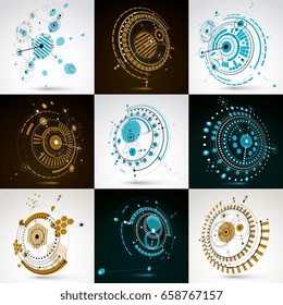 Collection of vector abstract backgrounds created in Bauhaus retro style. Modern geometric composition can be used as templates and layouts. Engineering technological wallpaper made with circles.