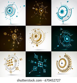 Collection of vector abstract backgrounds created in Bauhaus retro style. Modern geometric composition can be used as templates and layouts. Engineering technological wallpaper made with circles.
