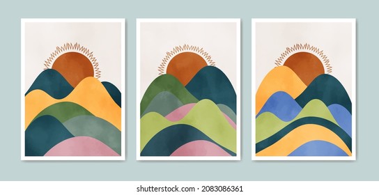 collection of vector abstract boho posters for background, cover, wallpaper, print, card, wall decor. Landscapes, sun, mountain